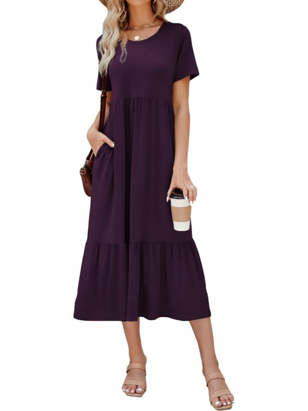 Women's Deep Purple Sundress Short Sleeve Tiered Beach with Pockets Maxi Dress